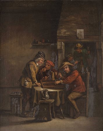 Scuola fiamminga "Scena d'interno in osteria con giocatori" olio su tavola...