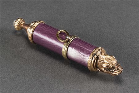 Porta profumo in oro 18 kt con corpo decorato a smalti e ghiere cesellate...