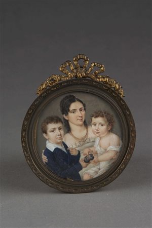 Maestro del sec. XIX "Ritratto di famiglia", miniatura tonda su avorio (diam....