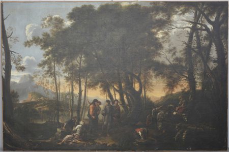 Scuola del sec. XVIII, cerchia di Salvator Rosa "Bosco dei filosofi" olio su...
