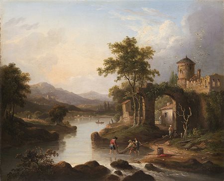 Scuola della prima metà del secolo XIX "Paesaggio lacustre con castello e...