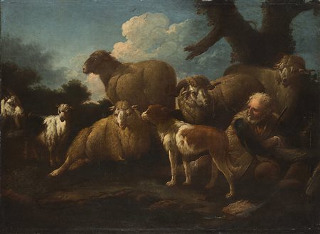 detto Rosa da Tivoli "Pastore e montone" olio su tela (cm 98x134) In cornice...