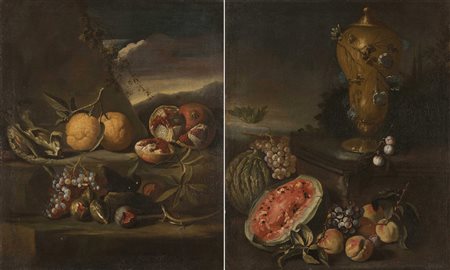 Maestro del sec. XVII "Anguria e frutti in un paesaggio" e "Cedri e melograno...