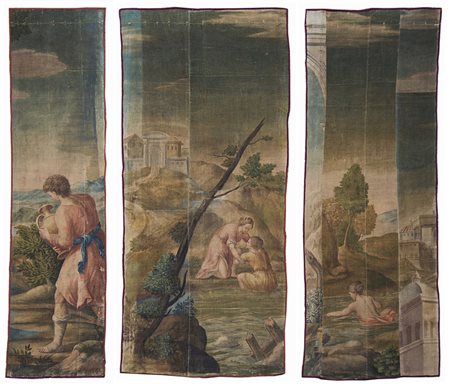 Gruppo di tre arazzi del sec. XVIII a succo d'erba su tela dipinta...
