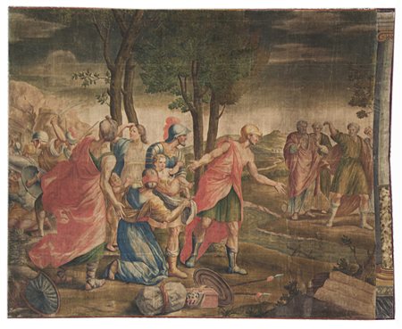 Arazzo a succo d'erba del sec. XVIII su tela dipinta raffigurante episodio di...