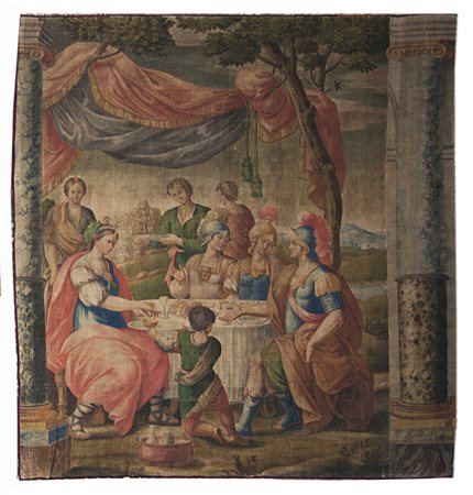 Arazzo a succo d'erba del sec. XVIII raffigurante un banchetto in un...