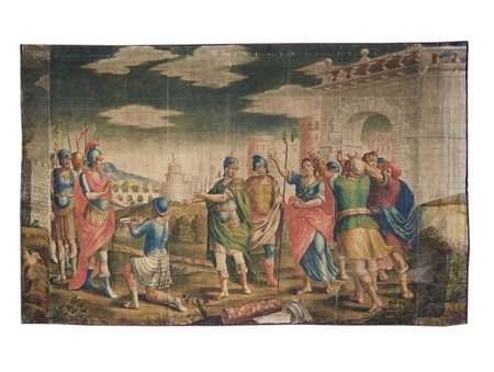 Arazzo a succo d'erba del sec. XVIII su tela dipinta raffigurante episodio di...