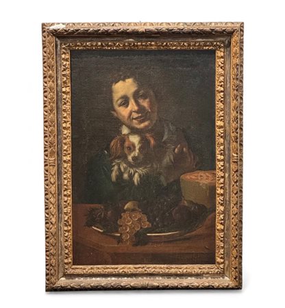 Pier Leone Ghezzi (attribuito a) (Roma, 1674 - Roma, 1755) 
"Ragazzo con cane e natura morta" 
 Cm 70x48