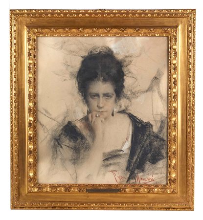Francesco  Longo Mancini (Catania, 1880 - Roma, 1954) 
"Ritratto di gentildonna" 
Tecnica mista su carta Cm 47x42