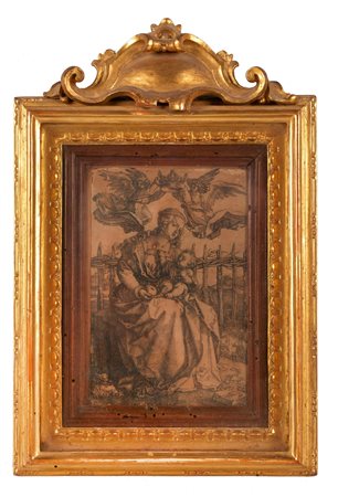 Albrecht Dürer (Norimberga, 1471 - Norimberga, 1528) 
"Madonna incoronata da due angeli" 
 Cm 14,5x10