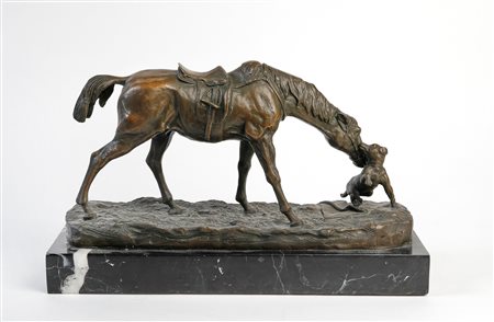 Pierre-Jules  Mène (Parigi , 1810 - Parigi , 1879) 
"Cavallo e cane" 
Scultura in bronzo Cm 18x36x12