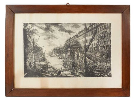 Giovanni Battista Piranesi (Mogliano, 04/10/1720 - Roma, 09/11/1778) 
 "Veduta del porto di Ripa Grande" 
 Cm 34x54