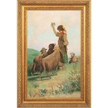 PITTORE DEL XX SECOLO, Pastorella con pecora, Olio su tela