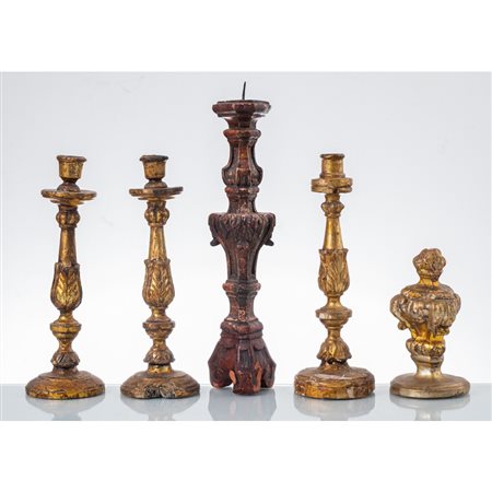 MANIFATTURA SICILIANA XVIII/XIX SECOLO, 4 candelabri e pigna