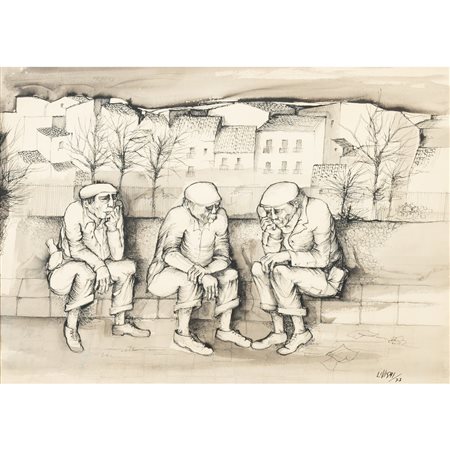 CIRO LI VIGNI, Figure e tetti, Tecnica mista su carta