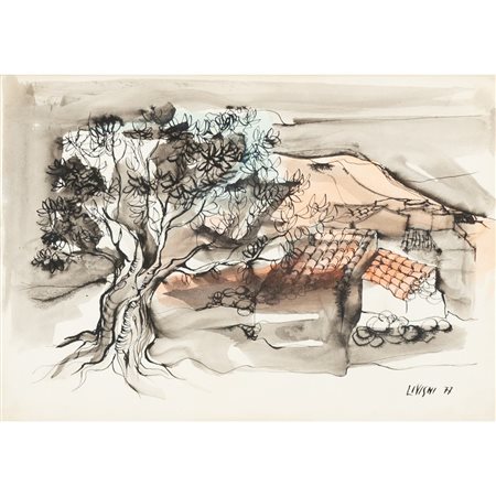 CIRO LI VIGNI, Albero e tetti, Tecnica mista su carta