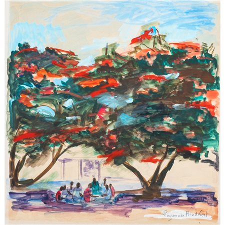 RAYMONDE HEUDEBERT, Ragazzi al parco, Tecnica mista su carta