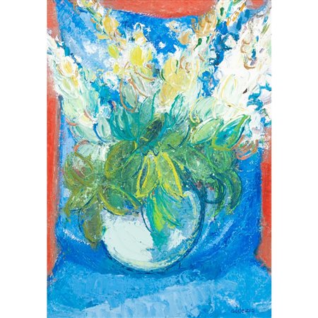 ADDEZIO, Vaso con fiori, Olio su tela di juta