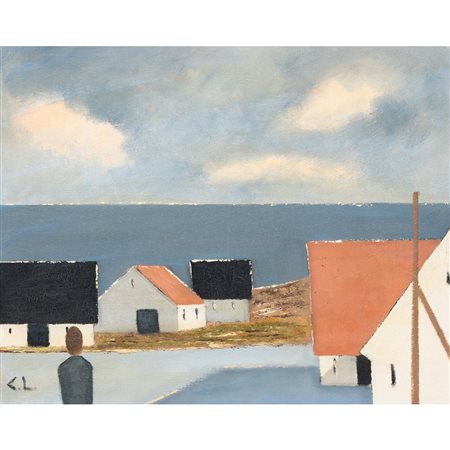 PITTORE DEL XX SECOLO, Caseggiati sul mare, Olio su tela