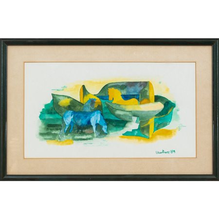 GIUSEPPE MARTINEZ, Cavalli e barche, Acquarello su carta