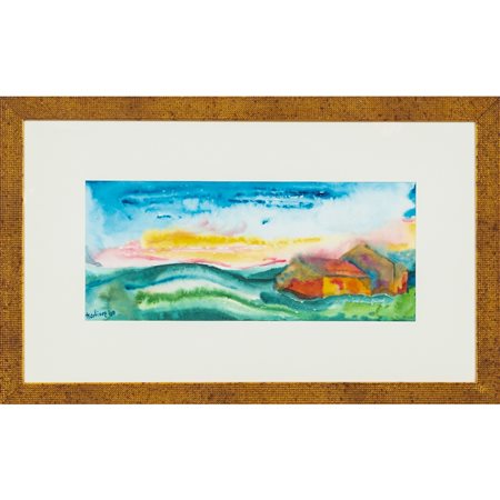 GIUSEPPE MARTINEZ, Caseggiato in collina, Acquarello su carta