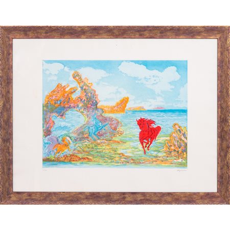 ALIGI SASSU, Il grande cavallo rosso, Acquaforte a colore