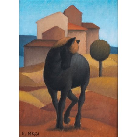 ROBERTO MASI, Cavallo nero, Olio su cartone telato