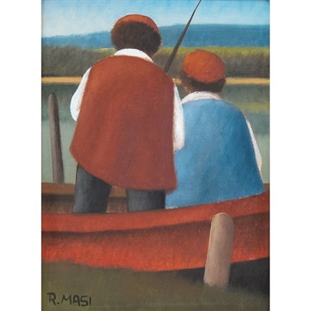 ROBERTO MASI, Pescatori di schiena, Olio su cartone telato