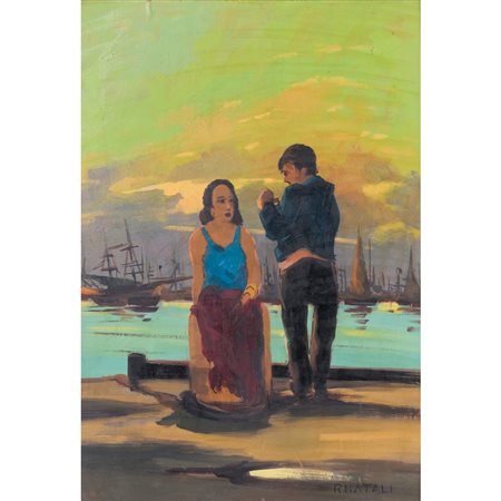 RENATO NATALI, Figure al molo, Olio su tavola