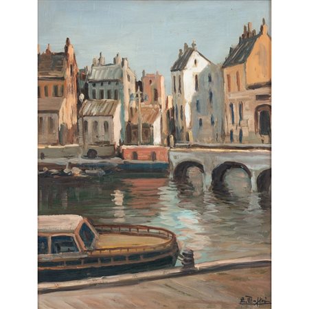 ENNIO MAFFEI, Case e ponte, Olio su masonite