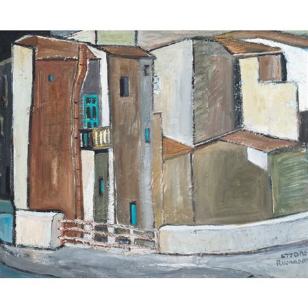 ETTORE ROMANO, Scorcio di paese, Olio su faesite