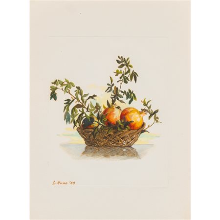 SALVO RUSSO, Cesta di melograni, Acquarello su carta