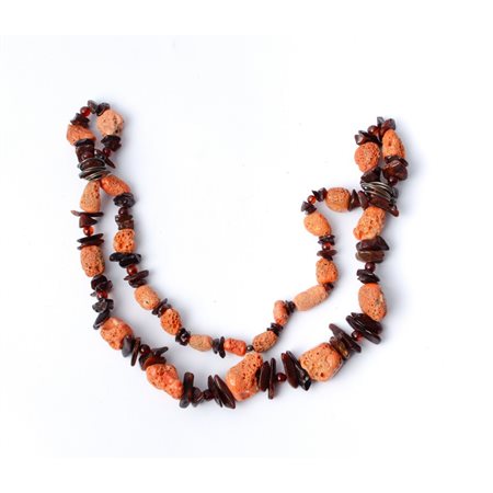 COLLANA in ambra, corallo spugnoso e argento