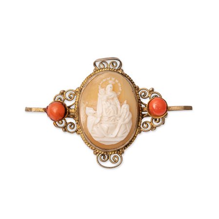 SPILLA in oro giallo 9 KT con cammeo e due perline in corallo