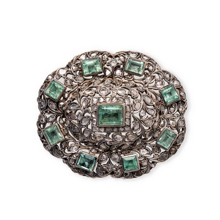 SPILLA in oro giallo 9 KT e argento con diamanti e smeraldi