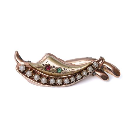 SPILLA in oro giallo 9 KT con rubino, smeraldo e microperline