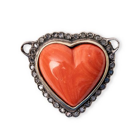 PENDENTE oro 9 KT e argento con diamanti e corallo