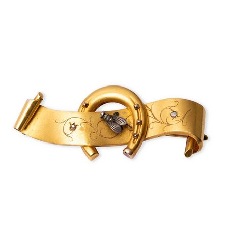 SPILLA in oro 18 KT con 2 diamanti e applicazione in argento