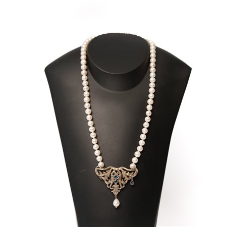 COLLANA perle fiume con pendente/spilla in oro 9 KT e argento