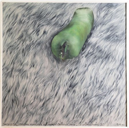 Mattia Moreni (Pavia 1920 - Brisighella 1999), "Un'anguria americana assassinata sul campo - pelliccia rosa" dalla serie "Le calbane vecchie", 1969.