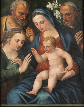INNOCENZO DA IMOLA (Bottega di)<BR>Imola 1490-Bologna 1550<BR>"Sacra Famiglia con Sant'Antonio da Padova e Santa Martire con palma"
