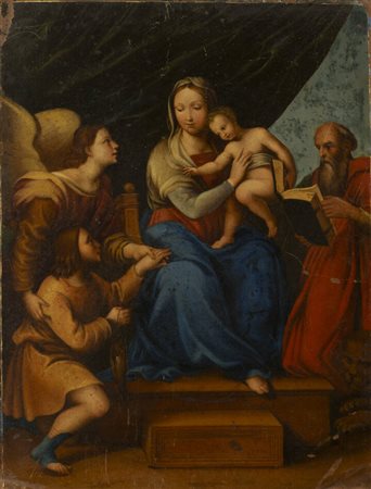 PITTORE ANONIMO<BR>"Sacra famiglia  con angelo e donatore",   XVI-XVII secolo