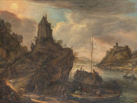 HEEREMANS THOMAS (AMBITO DI)<BR>1641Haarlem -1694 Heeremans<BR>"Paesaggio con barche e figure"