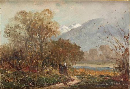 LEONARDO RODA<BR>Racconigi (CN) 1868 - 1933<BR>"Paesaggio con contadine"