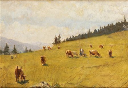 GIOVANNI GUARLOTTI<BR>Galliate (NO) 1869 - 1954 Torino<BR>"Mucche al pascolo"