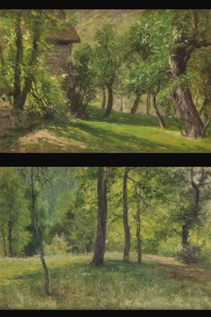 FRANCESCO BOSSO<BR>Vercelli 1864 - 1933 Torino<BR>Coppia di dipinti raffiguranti paesaggi di  "Vernante" agosto 1931
