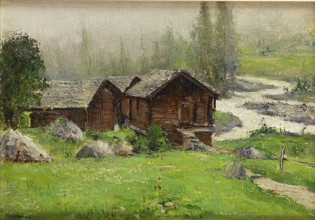 GIOVANNI COLMO<BR>Torino 1867 - 1947<BR>"Grange nei pressi del torrente", 24 VIII 35