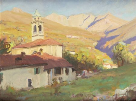 ANGELO ABRATE<BR>Torino 1900 - 1985 Sallanches (Alta Savoia)<BR>"Chiesa in paesaggio montano"