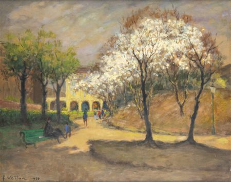 FELICE VELLAN<BR>Torino 1889 - 1976<BR>"Giardino della cittadella. Primavera", 1970