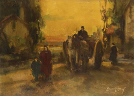 VENANZIO ZOLLA<BR>Colchester (Regno Unito) 1880 - 1961 Torino<BR>"Paese, carretto e paesaggio"